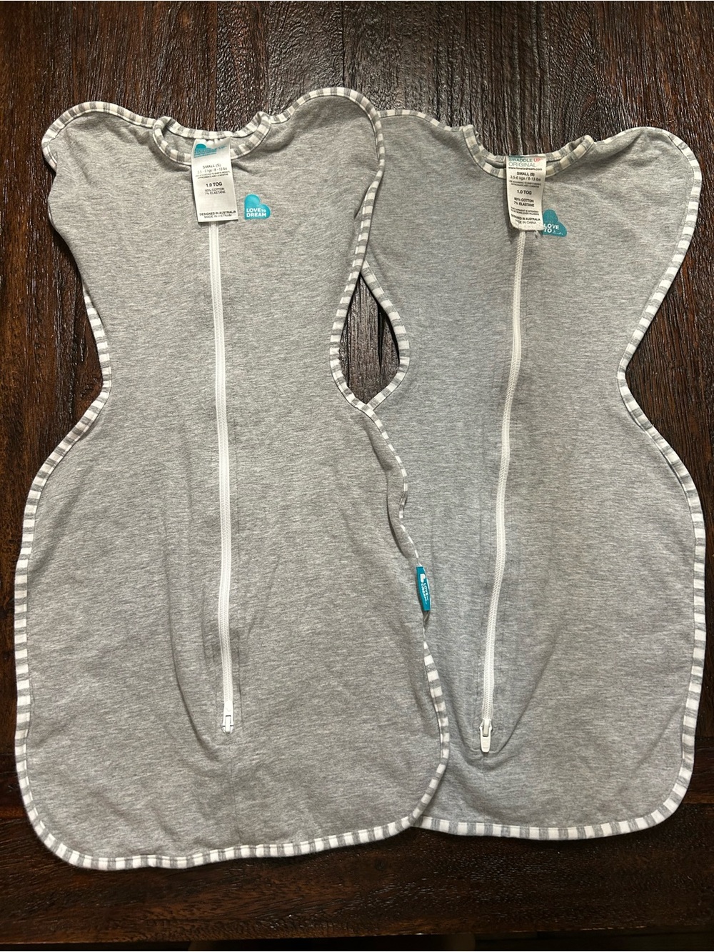 Love to Dream Light Gray Swaddle Up Sleep Sacks with Striped Trim Bundle of Two